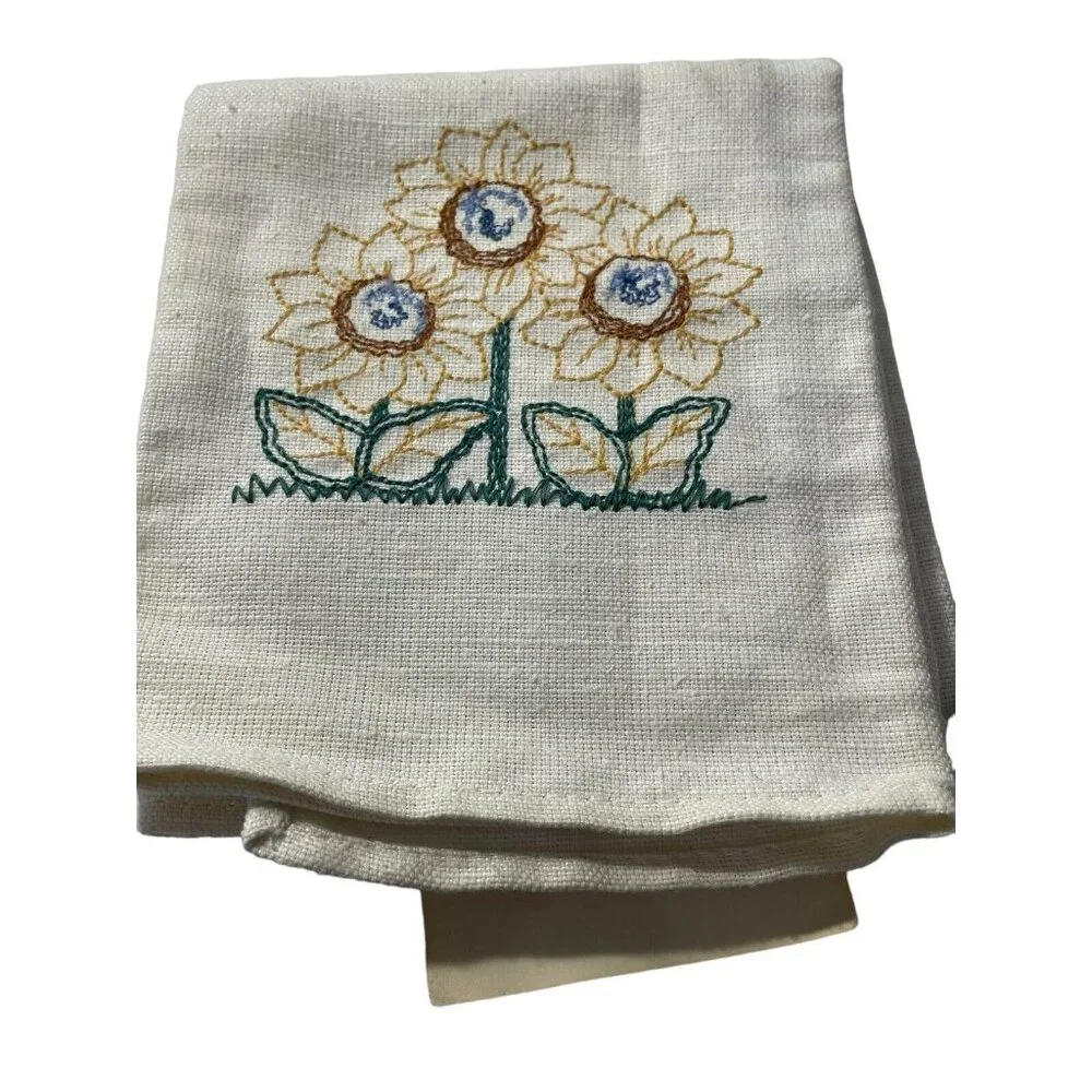 NOS Vintage Lint Free Hand Tea‎ Towel Embroidered Floral Sunflower Tan Beige